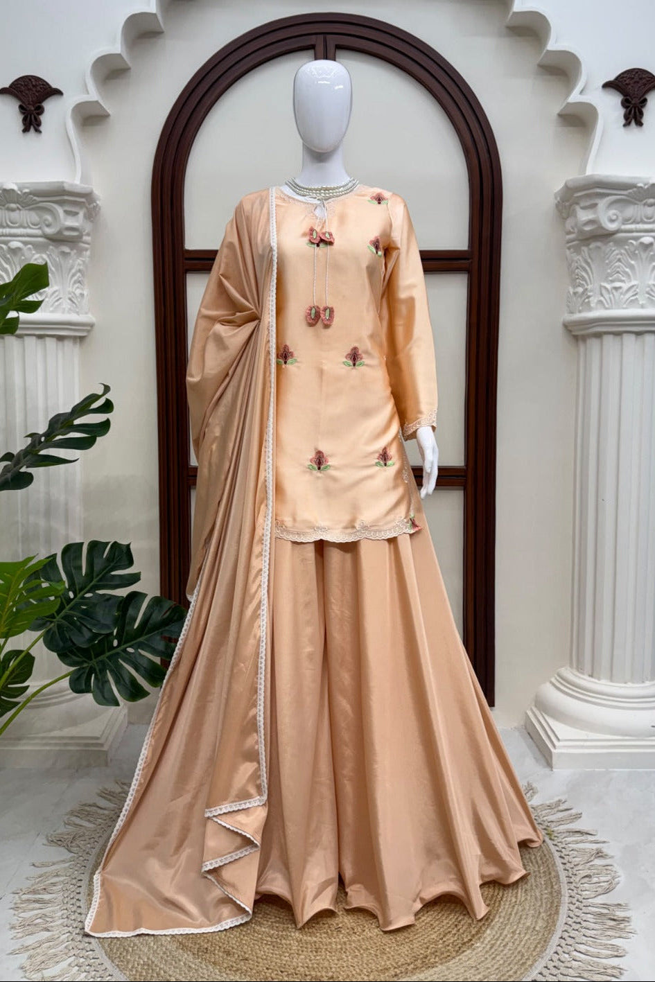 Party Wear Designer Cream Japan Satin Thread Work Sharara Set