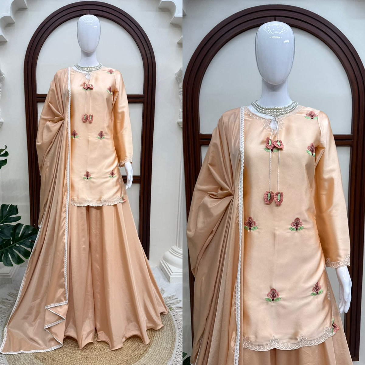 Party Wear Designer Cream Japan Satin Thread Work Sharara Set
