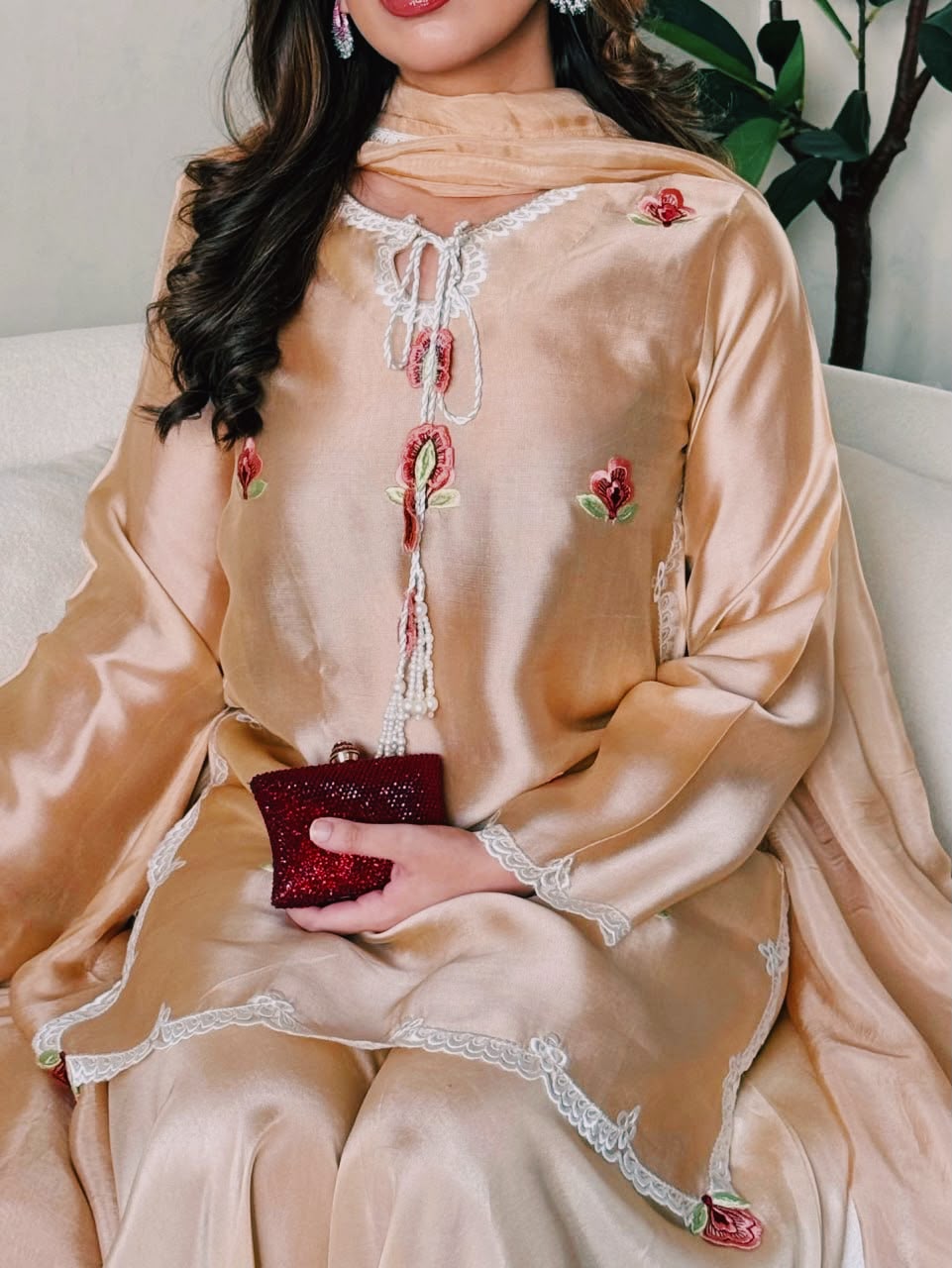 Party Wear Designer Cream Japan Satin Thread Work Sharara Set