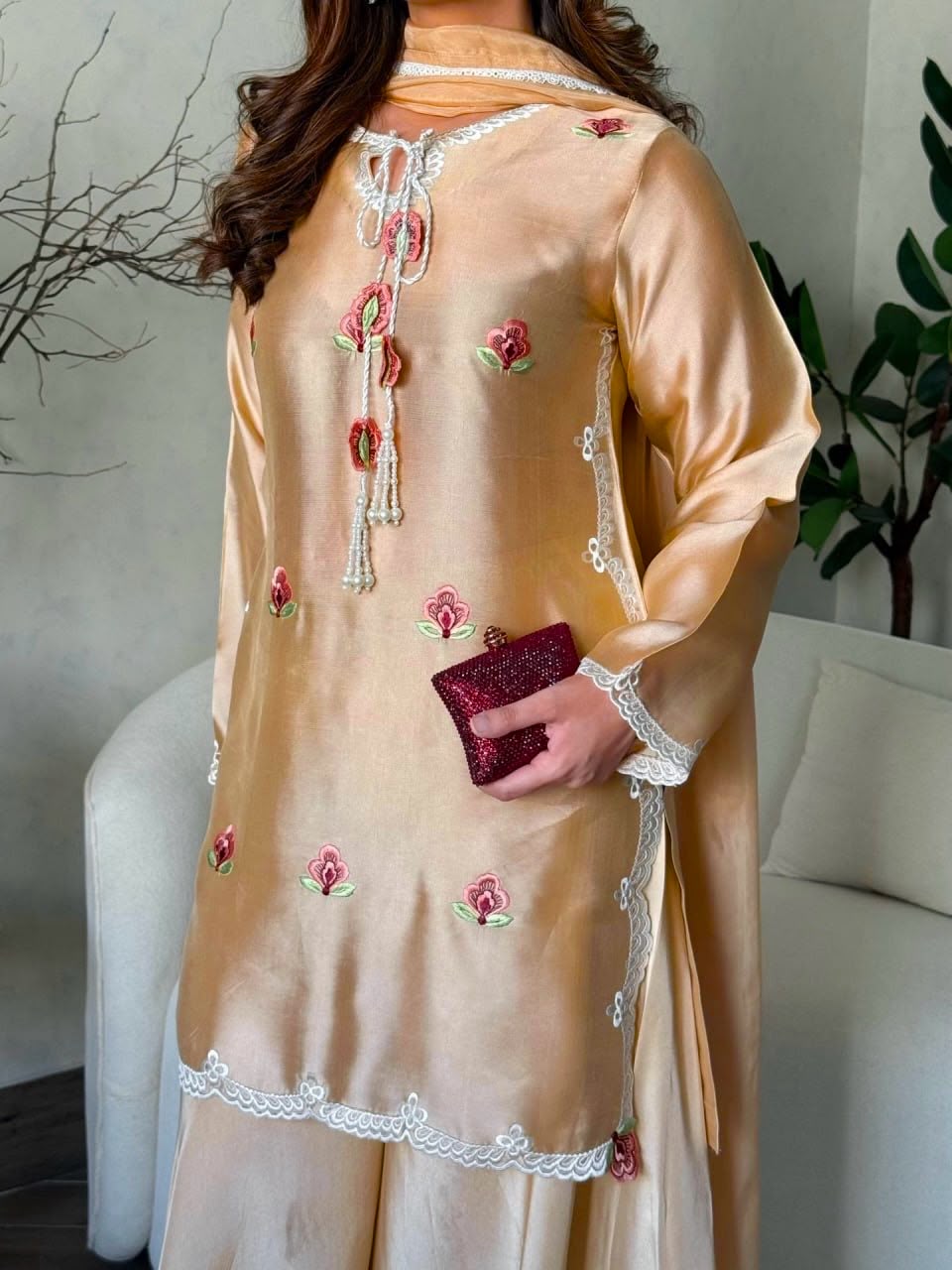 Party Wear Designer Cream Japan Satin Thread Work Sharara Set