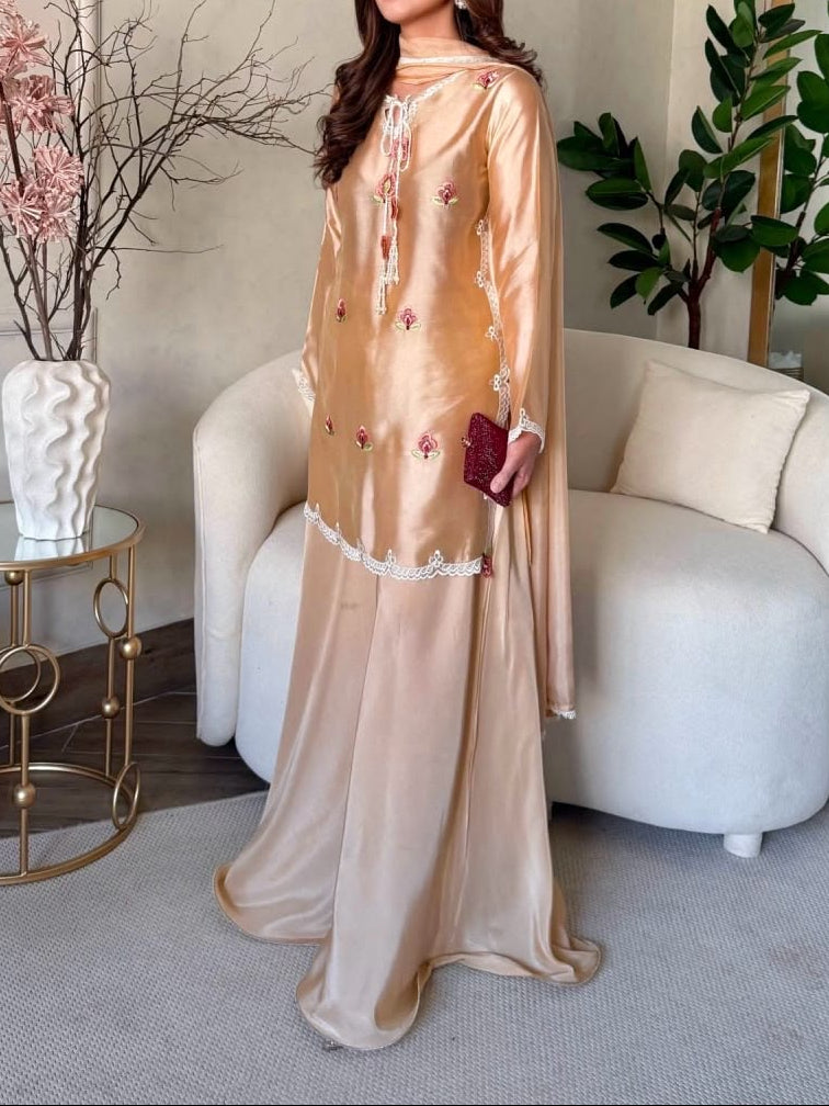 Party Wear Designer Cream Japan Satin Thread Work Sharara Set