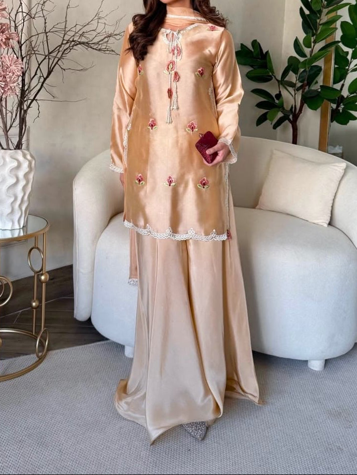 Party Wear Designer Cream Japan Satin Thread Work Sharara Set