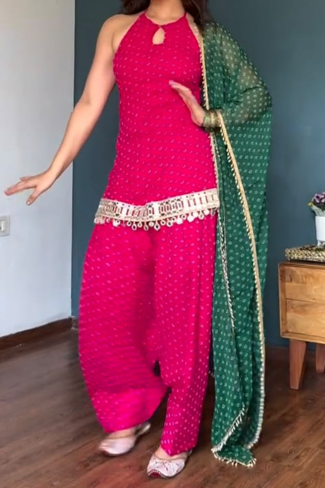 Unique Pink Heavy Faux Georgette  Farshi Suit Set with Real Mirror