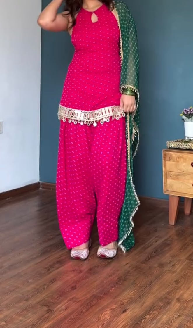 Unique Pink Heavy Faux Georgette  Farshi Suit Set with Real Mirror