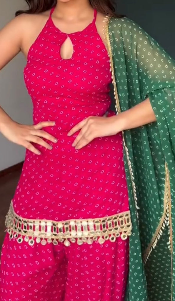 Unique Pink Heavy Faux Georgette  Farshi Suit Set with Real Mirror