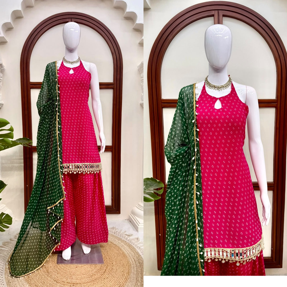 Unique Pink Heavy Faux Georgette  Farshi Suit Set with Real Mirror