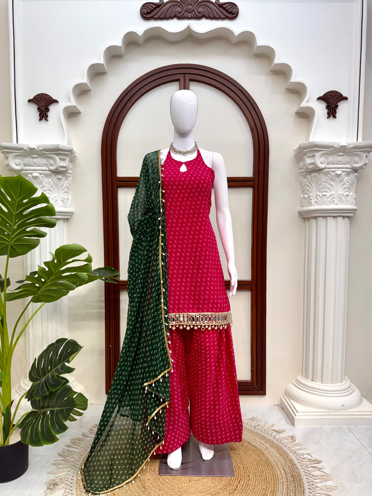 Unique Pink Heavy Faux Georgette  Farshi Suit Set with Real Mirror