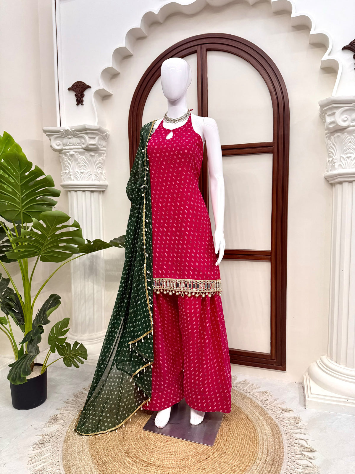Unique Pink Heavy Faux Georgette  Farshi Suit Set with Real Mirror