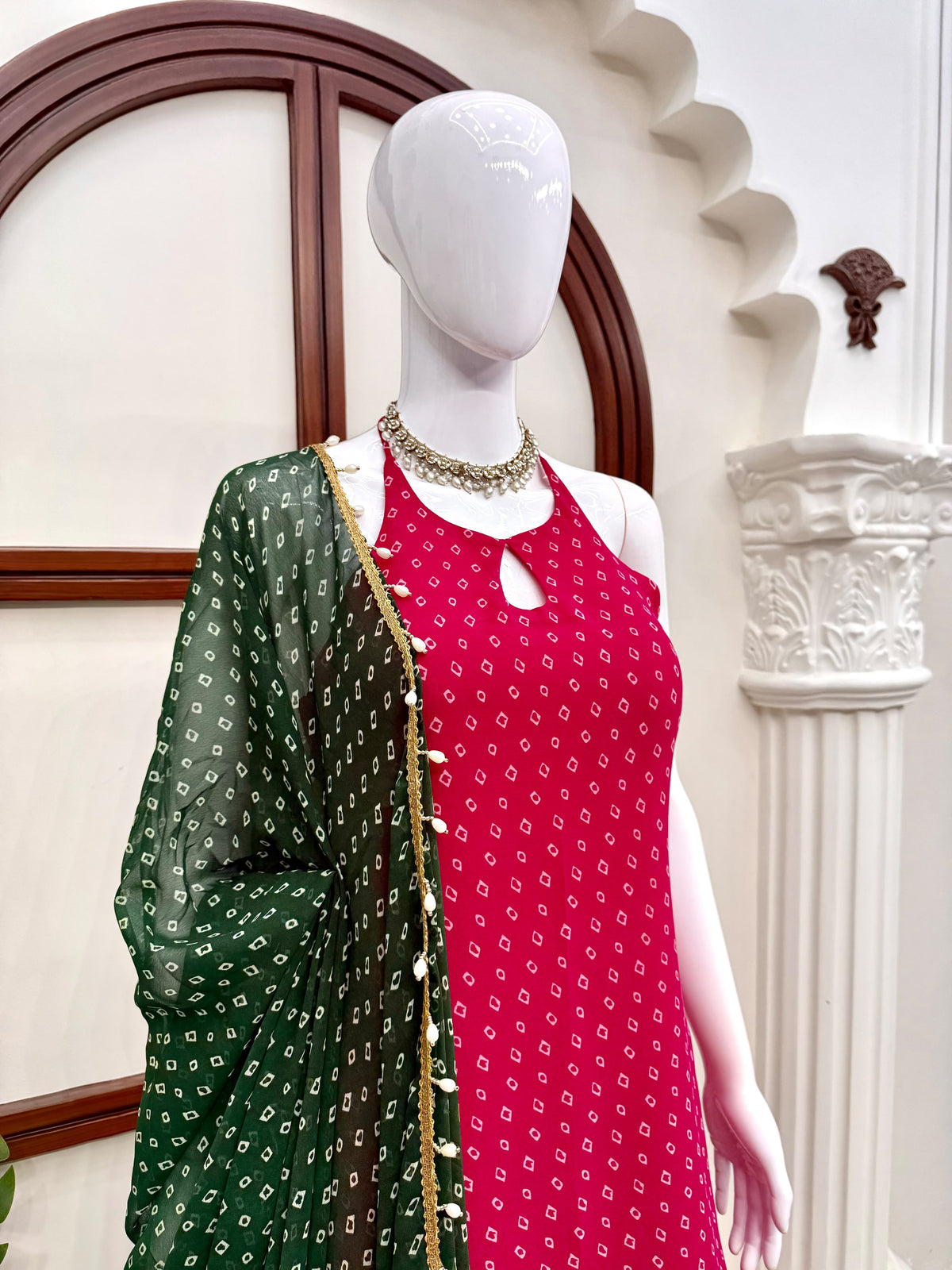 Unique Pink Heavy Faux Georgette  Farshi Suit Set with Real Mirror
