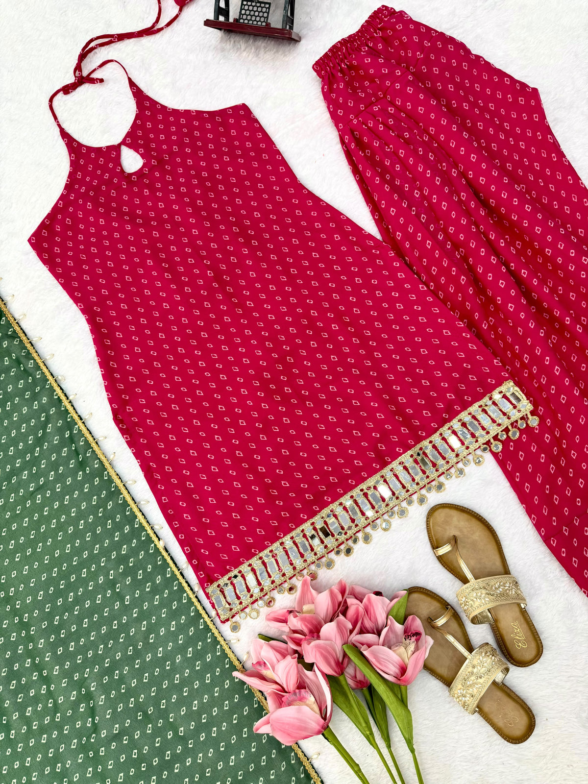 Unique Pink Heavy Faux Georgette  Farshi Suit Set with Real Mirror