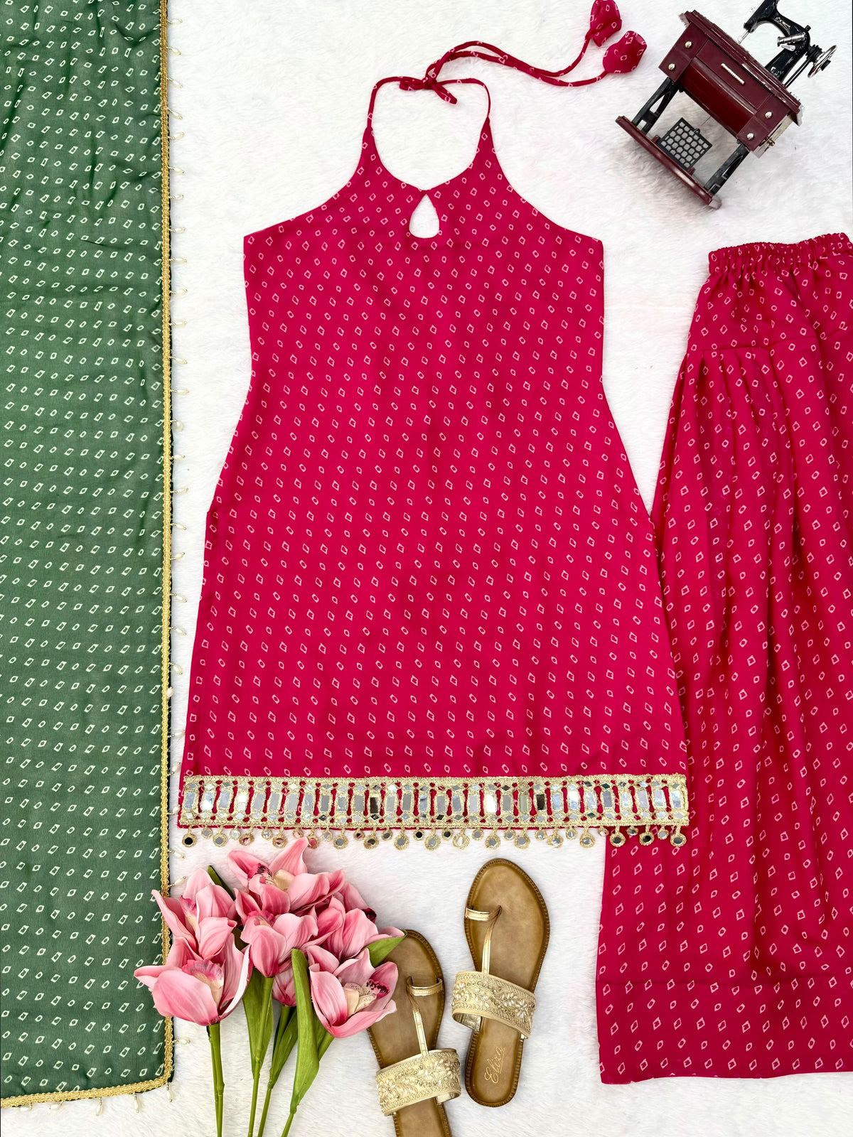 Unique Pink Heavy Faux Georgette  Farshi Suit Set with Real Mirror