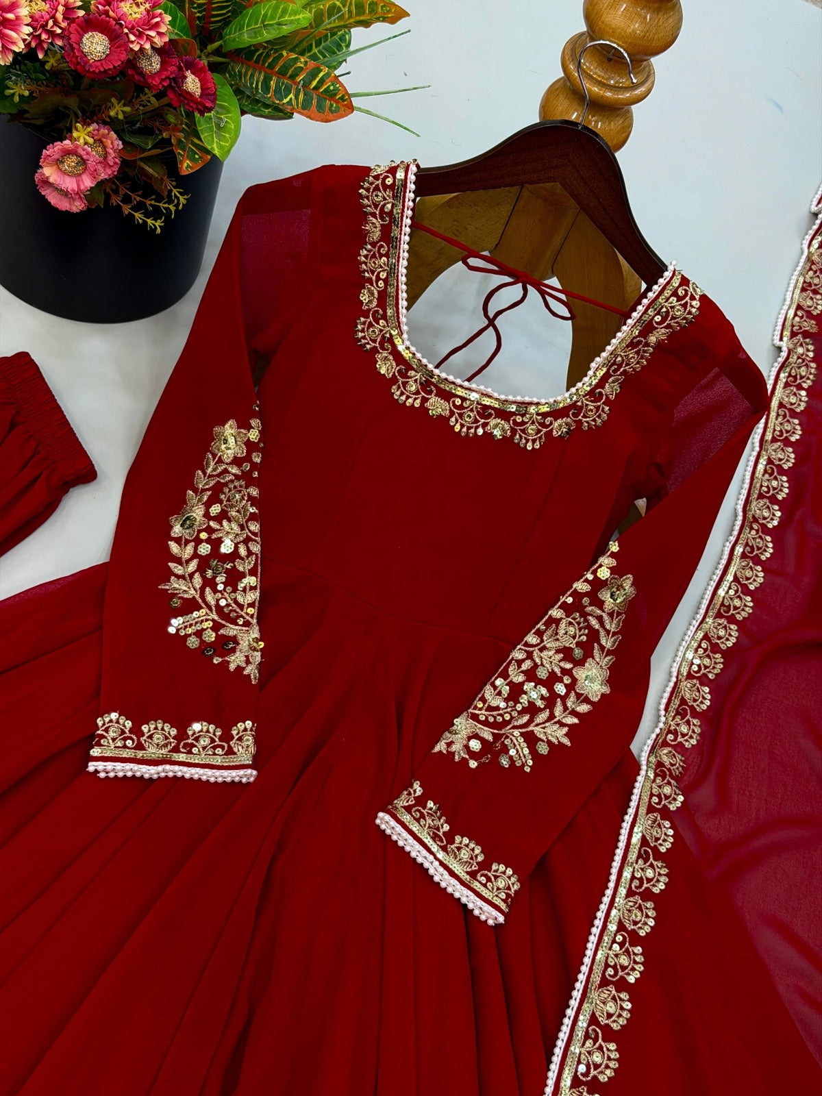Premium Maroon Anarkali Suit Set With Embroidery Sequence & Moti Work