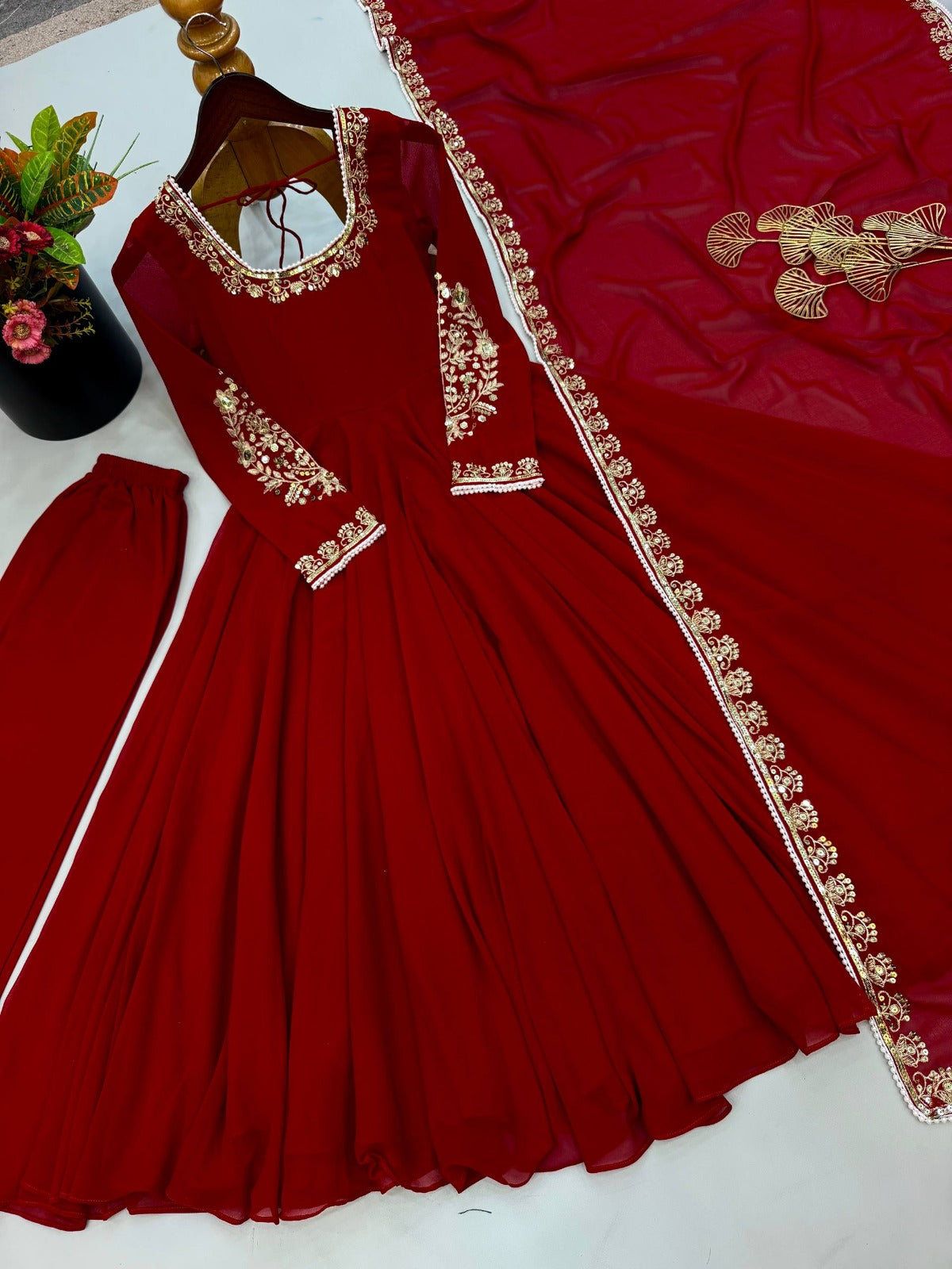 Premium Maroon Anarkali Suit Set With Embroidery Sequence & Moti Work