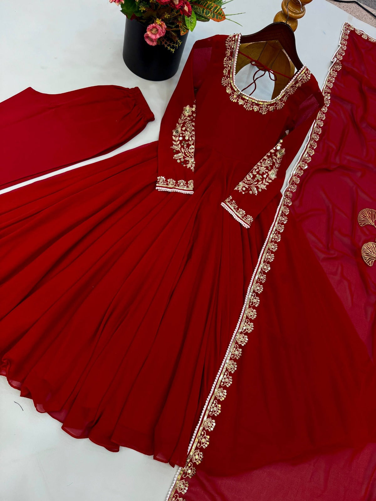 Premium Maroon Anarkali Suit Set With Embroidery Sequence & Moti Work