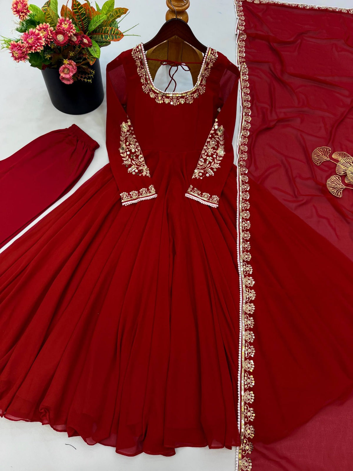 Premium Maroon Anarkali Suit Set With Embroidery Sequence & Moti Work