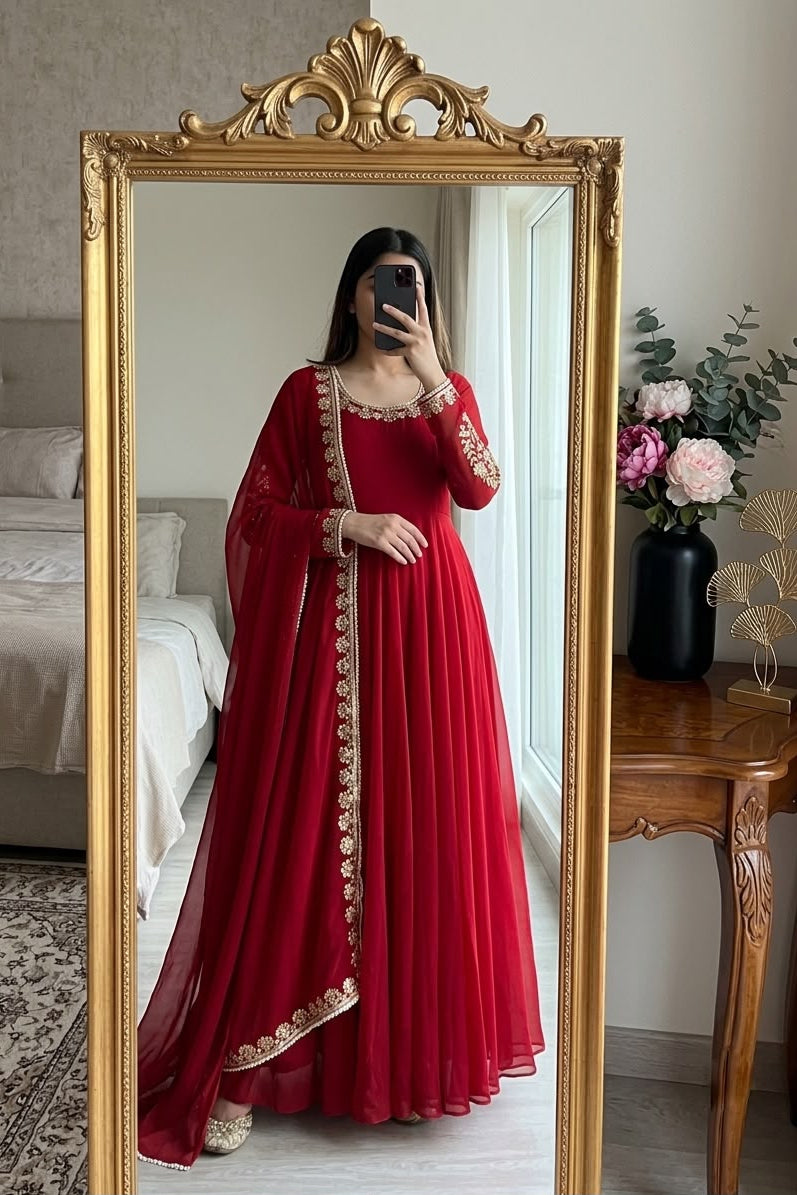 Premium Maroon Anarkali Suit Set With Embroidery Sequence & Moti Work