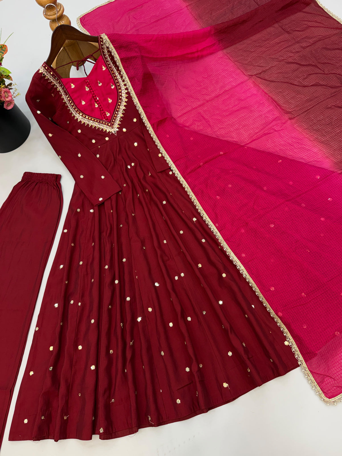 Roman Silk Anarkali Suit with Real Mirror Work and Kota Checks Dupatta