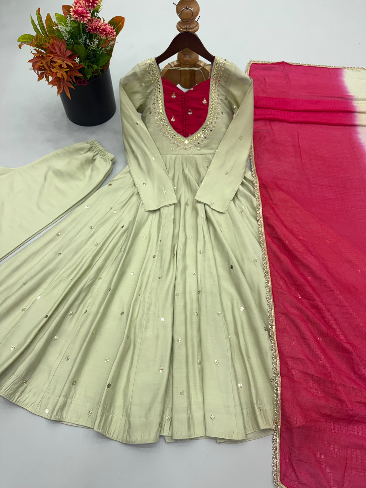 Roman Silk Anarkali Suit with Real Mirror Work and Kota Checks Dupatta