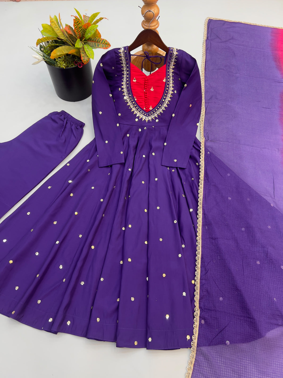 Roman Silk Anarkali Suit with Real Mirror Work and Kota Checks Dupatta