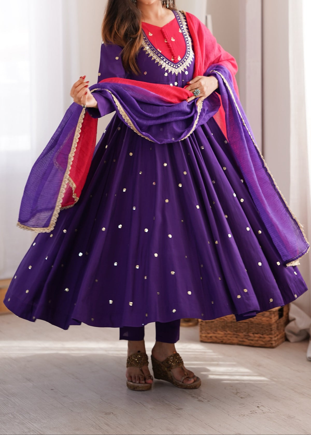 Roman Silk Anarkali Suit with Real Mirror Work and Kota Checks Dupatta