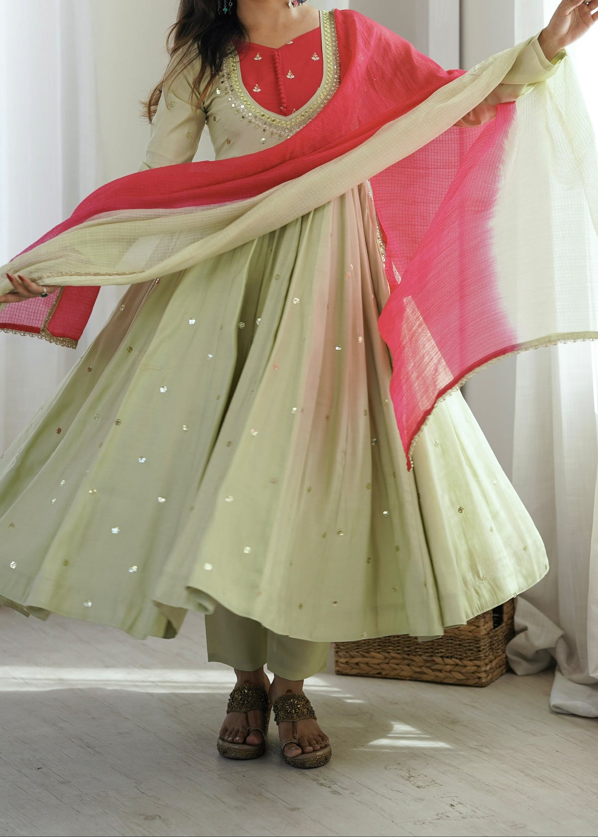 Roman Silk Anarkali Suit with Real Mirror Work and Kota Checks Dupatta