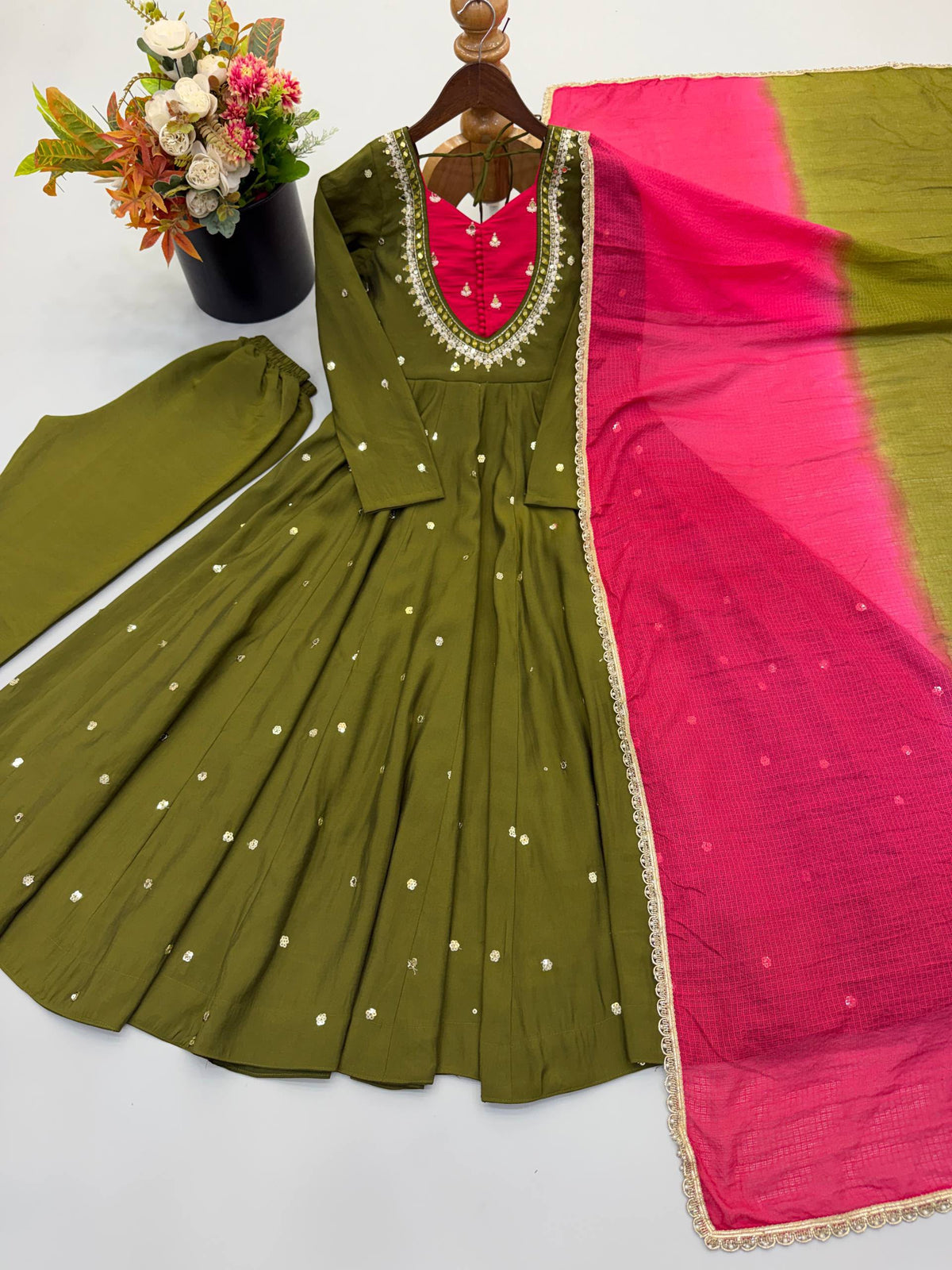 Roman Silk Anarkali Suit with Real Mirror Work and Kota Checks Dupatta