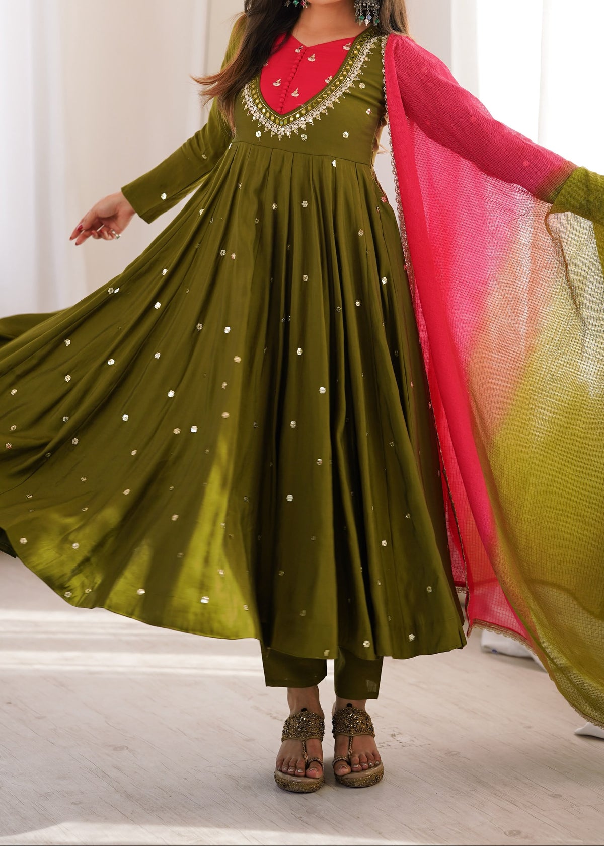 Roman Silk Anarkali Suit with Real Mirror Work and Kota Checks Dupatta