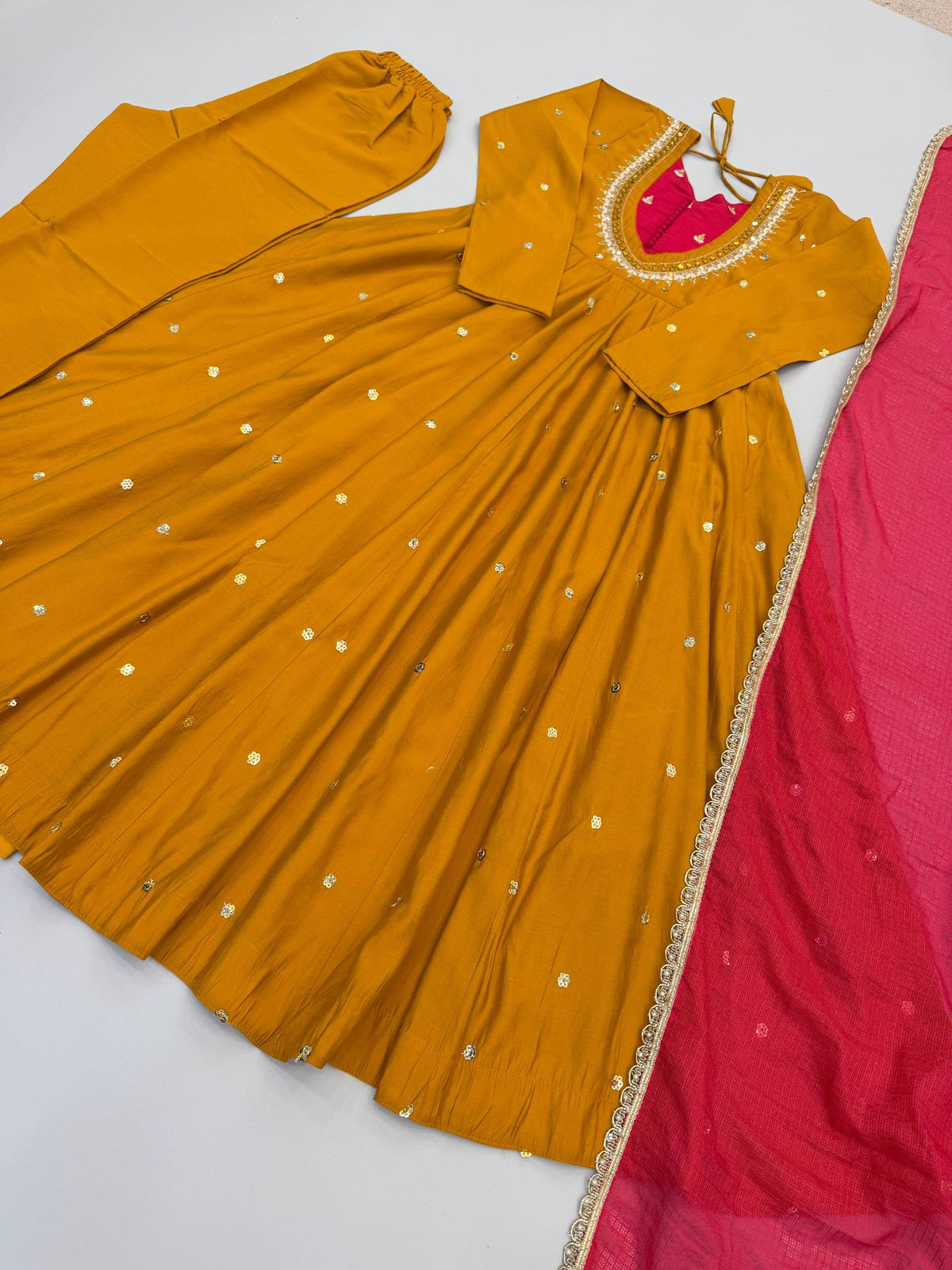 Roman Silk Anarkali Suit with Real Mirror Work and Kota Checks Dupatta