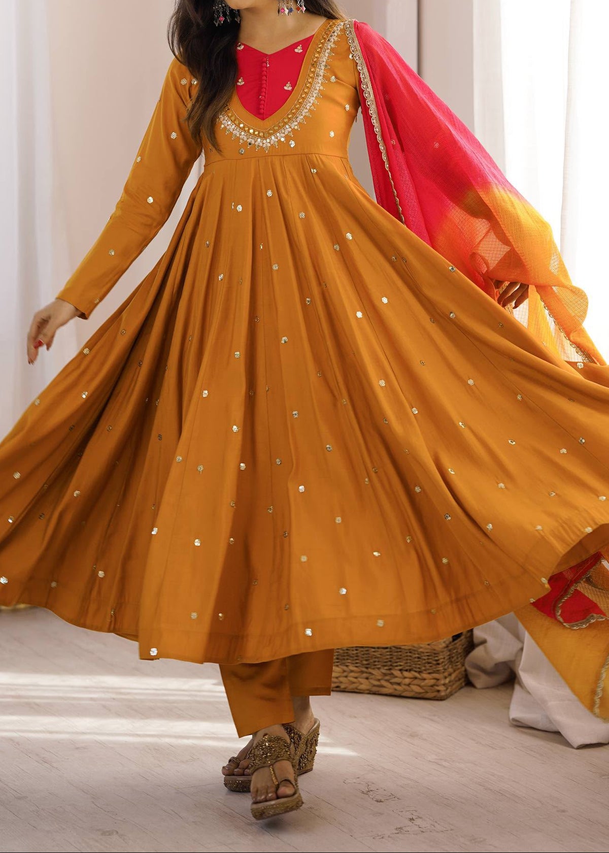 Roman Silk Anarkali Suit with Real Mirror Work and Kota Checks Dupatta