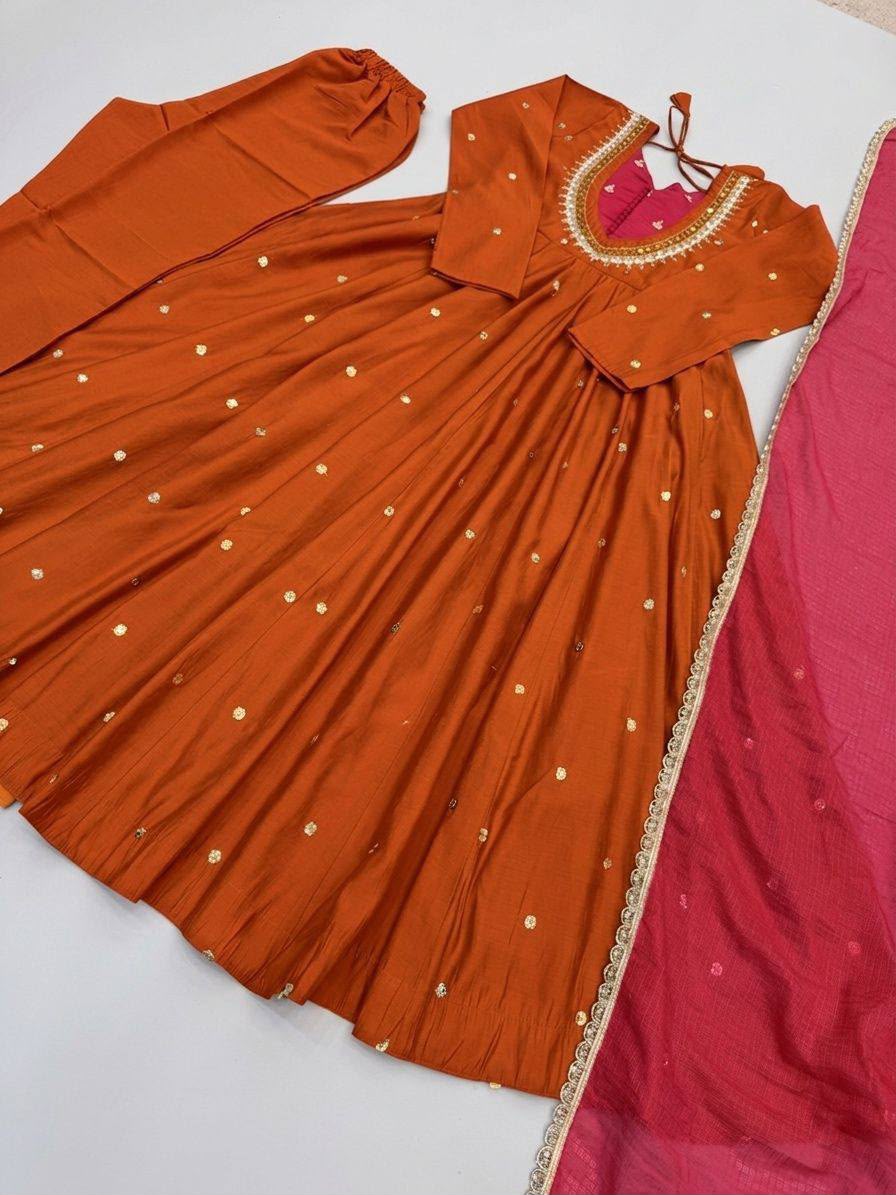 Roman Silk Anarkali Suit with Real Mirror Work and Kota Checks Dupatta