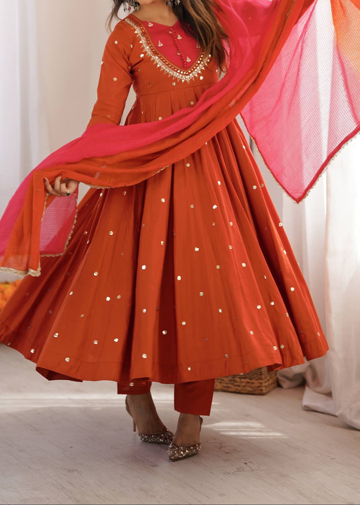 Roman Silk Anarkali Suit with Real Mirror Work and Kota Checks Dupatta