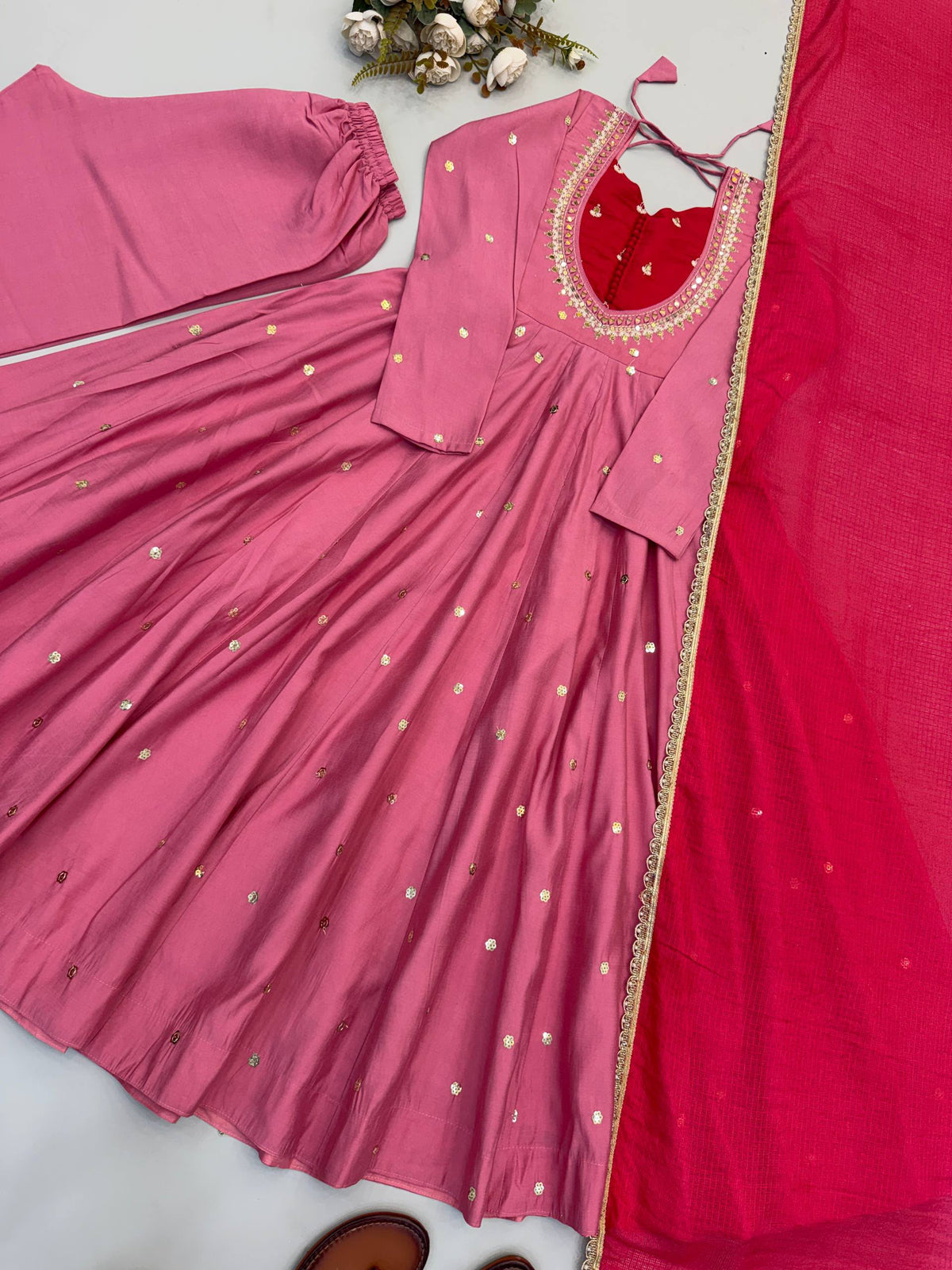 Roman Silk Anarkali Suit with Real Mirror Work and Kota Checks Dupatta