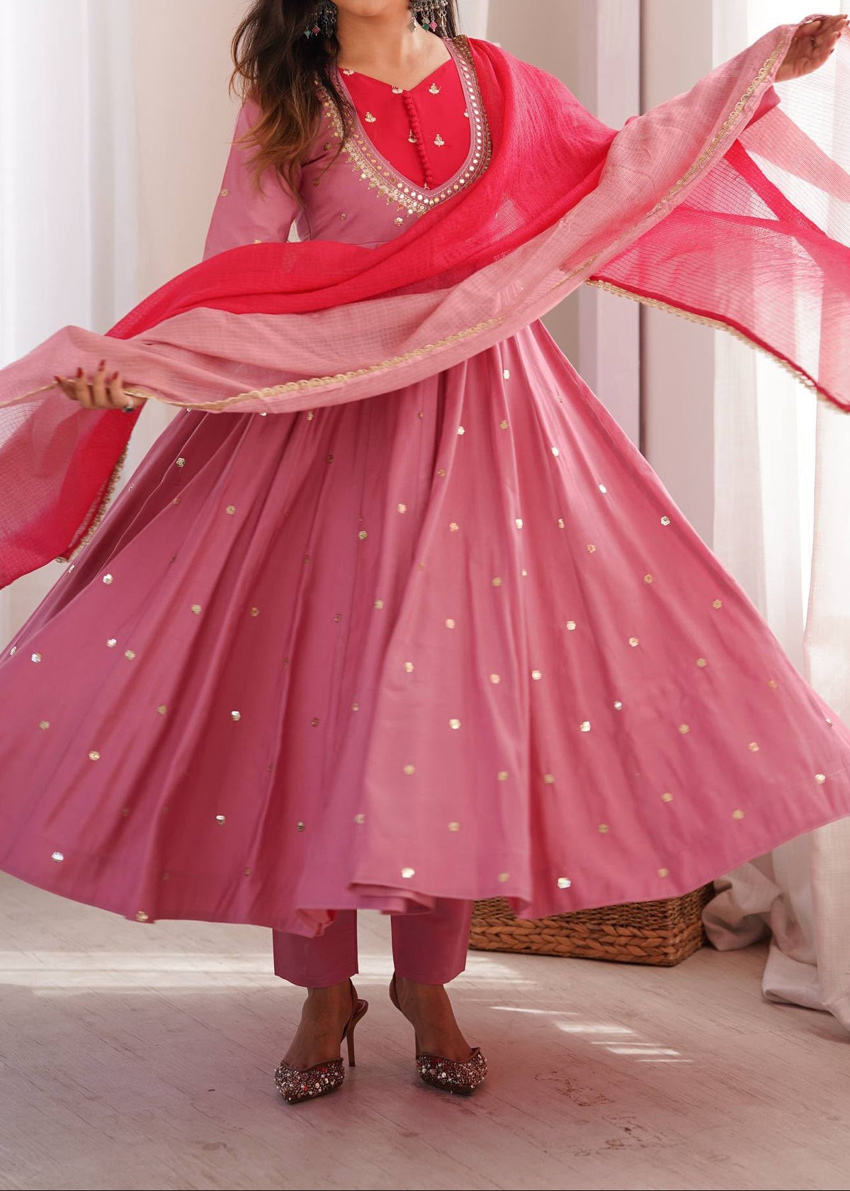 Roman Silk Anarkali Suit with Real Mirror Work and Kota Checks Dupatta