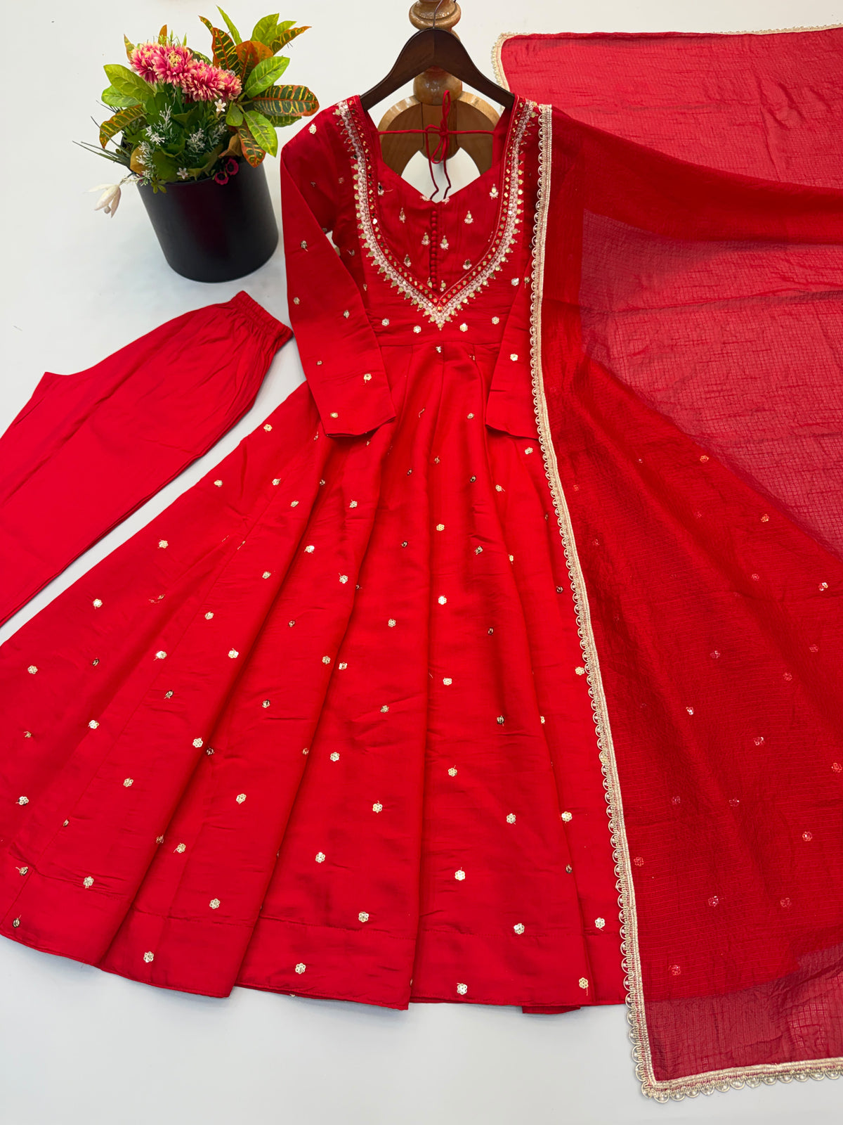 Roman Silk Anarkali Suit with Real Mirror Work and Kota Checks Dupatta