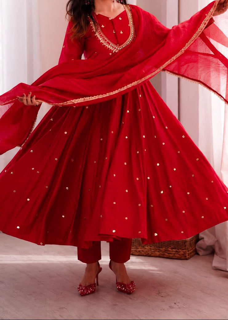 Roman Silk Anarkali Suit with Real Mirror Work and Kota Checks Dupatta