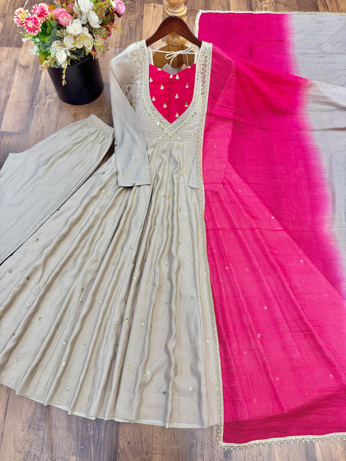 Roman Silk Anarkali Suit with Real Mirror Work and Kota Checks Dupatta