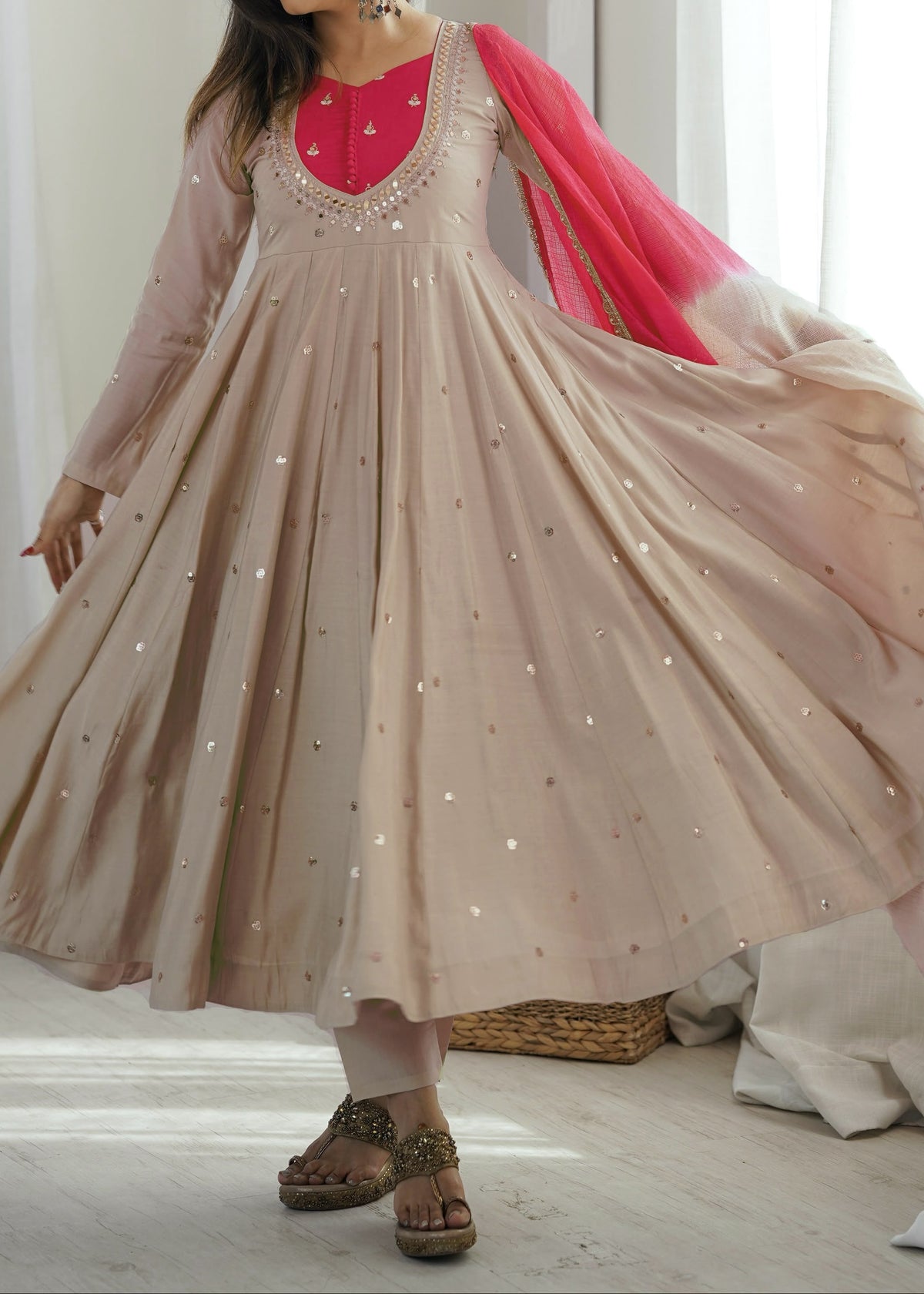 Roman Silk Anarkali Suit with Real Mirror Work and Kota Checks Dupatta