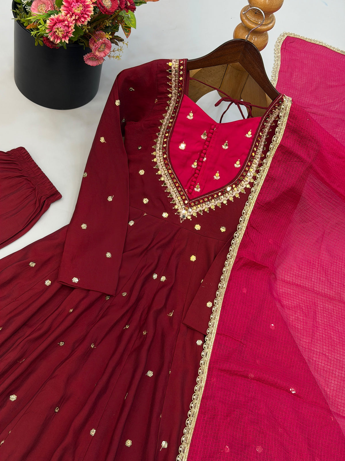Roman Silk Anarkali Suit with Real Mirror Work and Kota Checks Dupatta