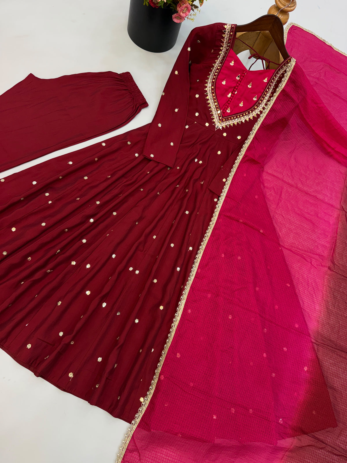 Roman Silk Anarkali Suit with Real Mirror Work and Kota Checks Dupatta