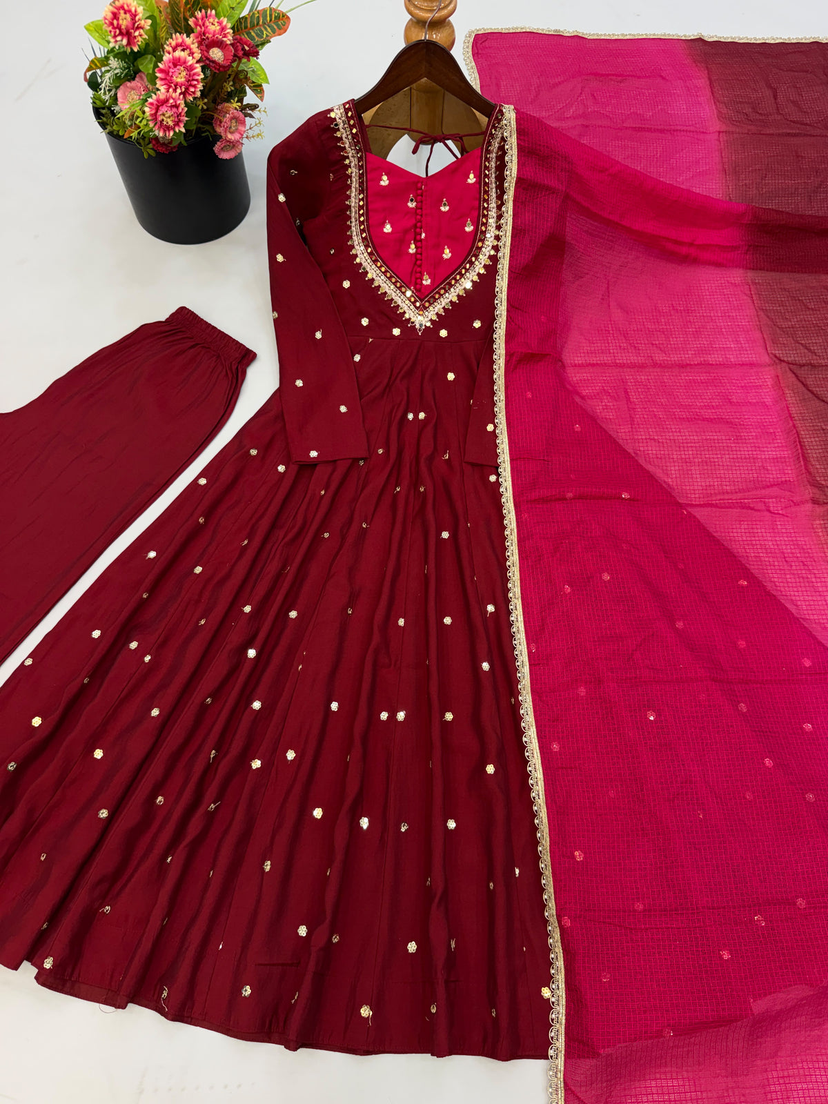 Roman Silk Anarkali Suit with Real Mirror Work and Kota Checks Dupatta