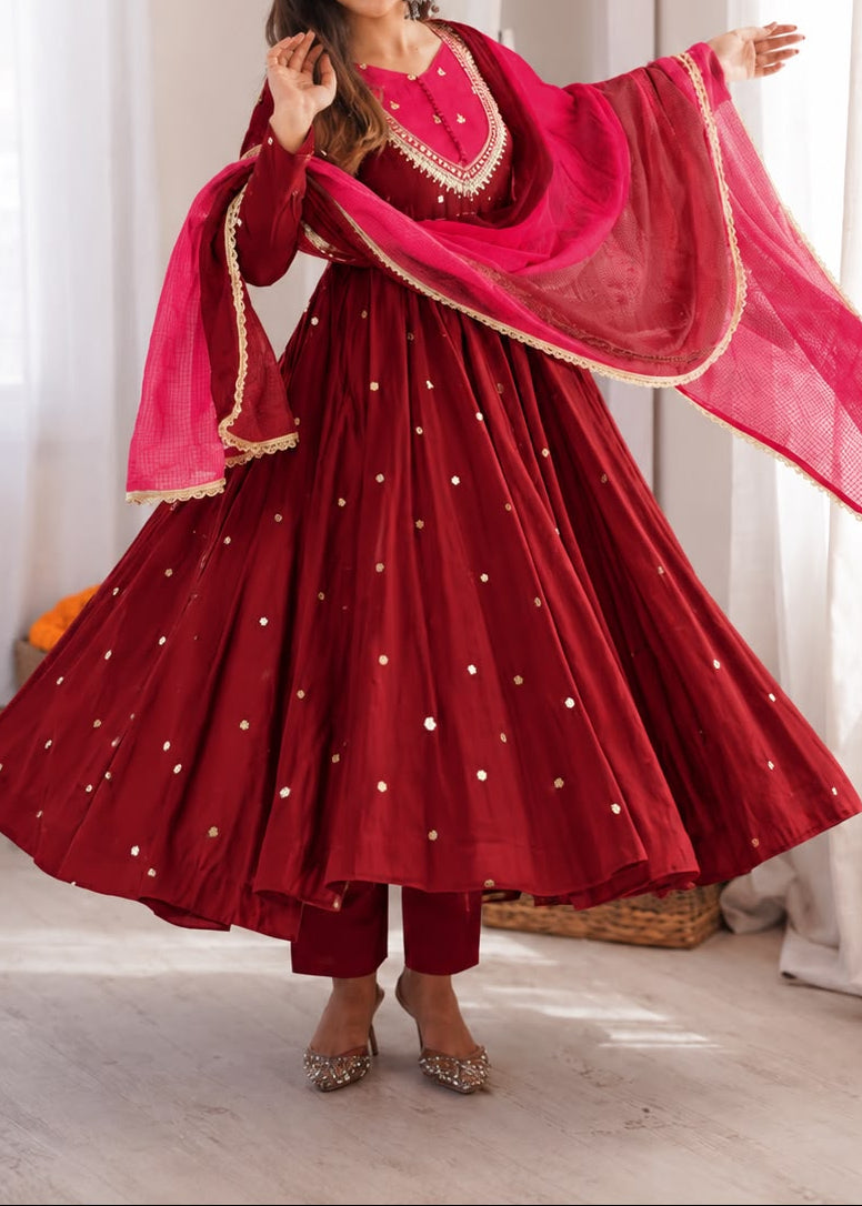 Roman Silk Anarkali Suit with Real Mirror Work and Kota Checks Dupatta