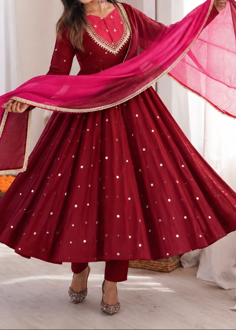 Roman Silk Anarkali Suit with Real Mirror Work and Kota Checks Dupatta