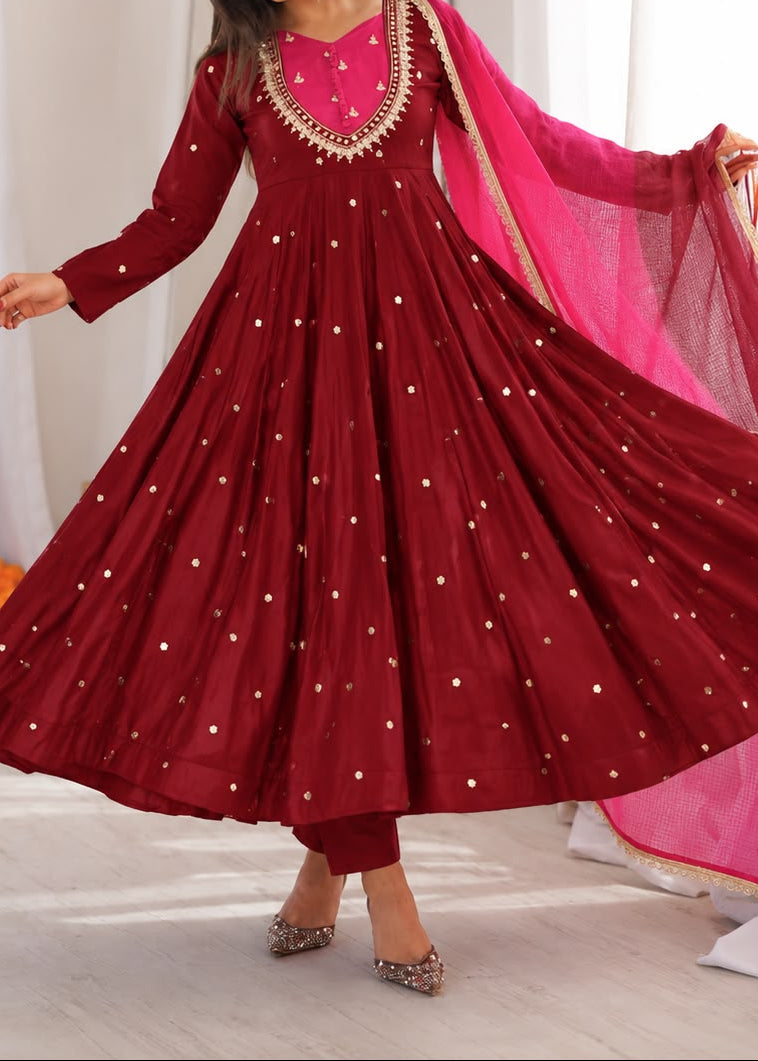 Roman Silk Anarkali Suit with Real Mirror Work and Kota Checks Dupatta