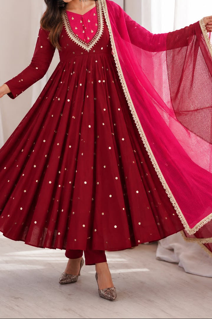Roman Silk Anarkali Suit with Real Mirror Work and Kota Checks Dupatta