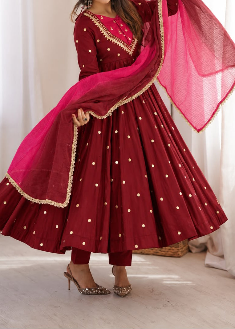 Roman Silk Anarkali Suit with Real Mirror Work and Kota Checks Dupatta