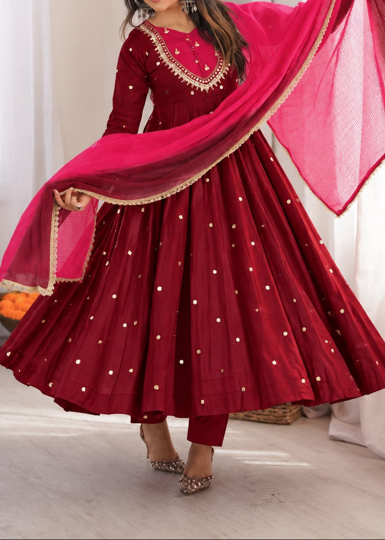 Roman Silk Anarkali Suit with Real Mirror Work and Kota Checks Dupatta