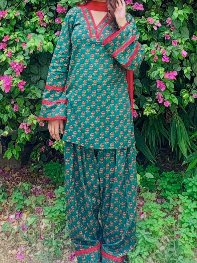 Teal green Heavy pure natural crepe Farshi Salwar Suit