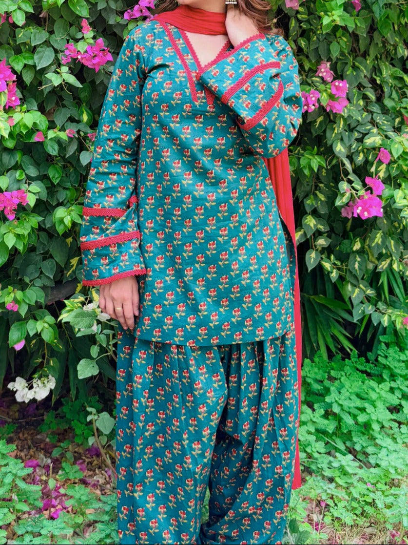 Teal green Heavy pure natural crepe Farshi Salwar Suit