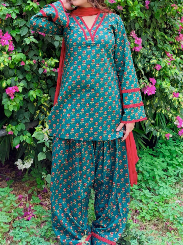 Teal green Heavy pure natural crepe Farshi Salwar Suit