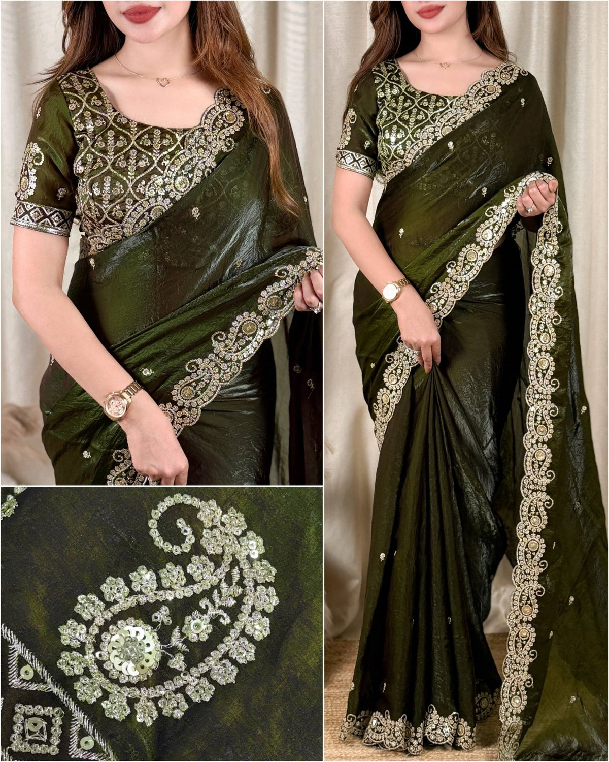 Beautiful Soft Rich Fandy Satin Silk Sequence Embroidery Work Saree